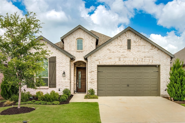 french provincial home featuring a garage and a front lawn