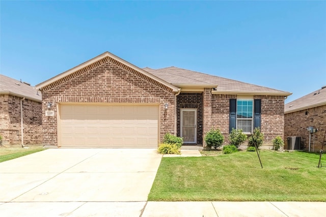 ranch-style home featuring a garage, a shingled roof, concrete driveway, a front lawn, and brick siding