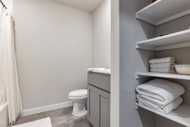 bathroom with vanity, wood-type flooring, and toilet