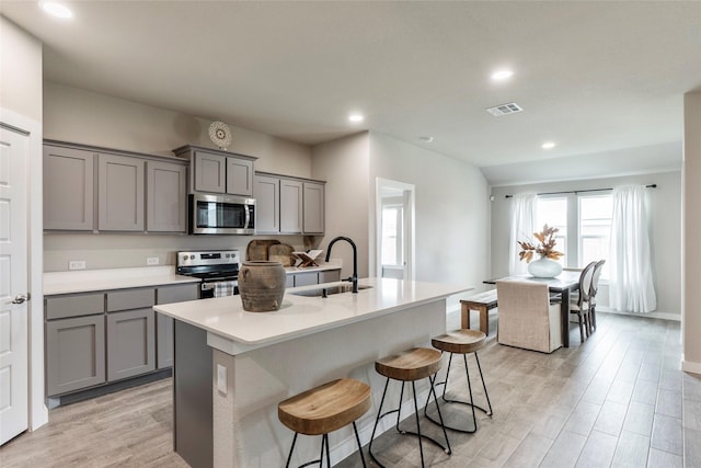 kitchen with visible vents, an island with sink, stainless steel appliances, light countertops, and gray cabinetry