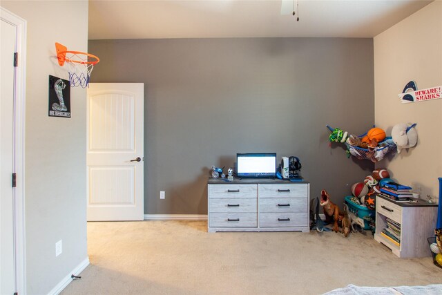 game room with light carpet