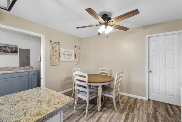 dining space featuring dark wood-type flooring, electric panel, and ceiling fan