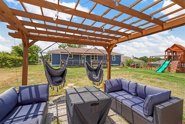 view of patio / terrace featuring a playground, an outdoor living space, and a pergola