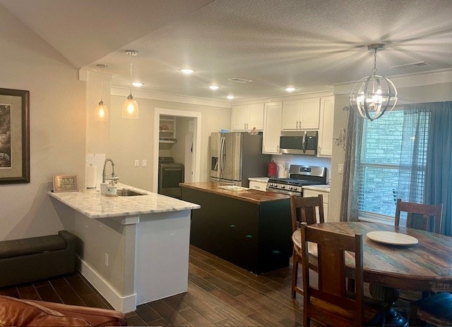 kitchen with dark hardwood / wood-style flooring, washer / clothes dryer, sink, kitchen peninsula, and stainless steel appliances