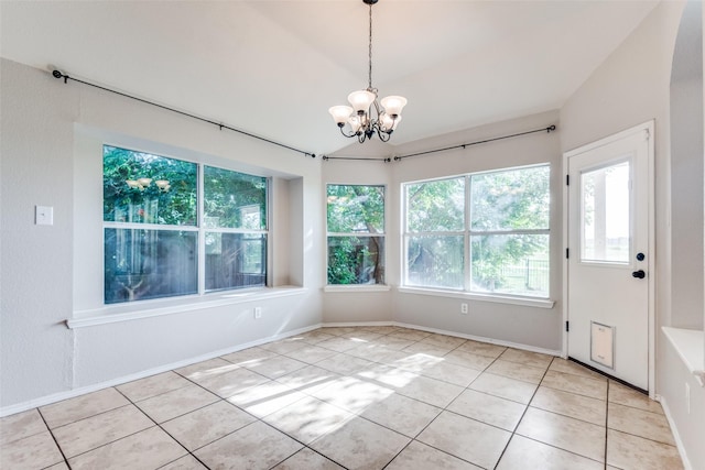 unfurnished dining area with lofted ceiling, a chandelier, and light tile patterned flooring