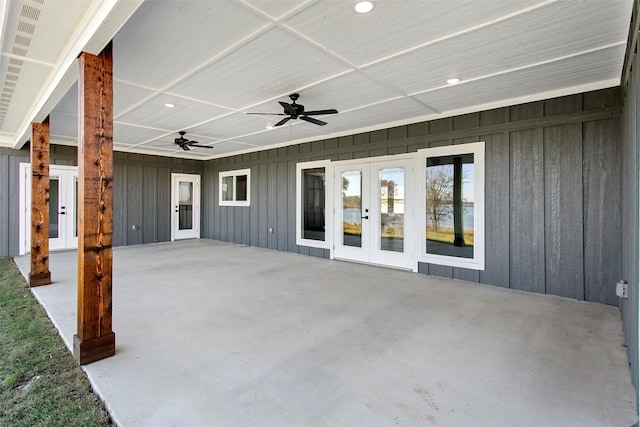 view of patio featuring french doors and ceiling fan