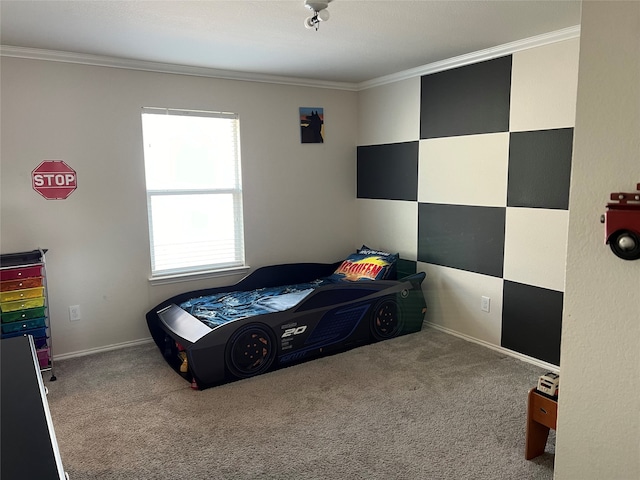 carpeted bedroom with ornamental molding