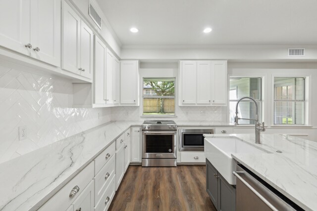 kitchen with dark wood-type flooring, stainless steel appliances, backsplash, and white cabinetry