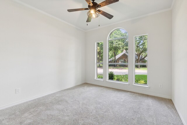 unfurnished room with carpet floors, crown molding, ceiling fan, and a healthy amount of sunlight