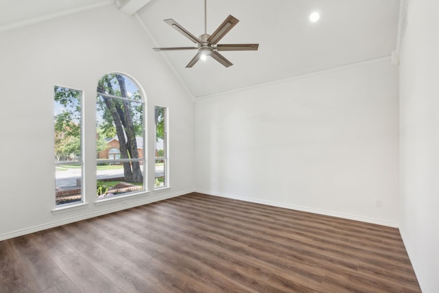 empty room with ceiling fan, dark hardwood / wood-style flooring, crown molding, high vaulted ceiling, and beamed ceiling