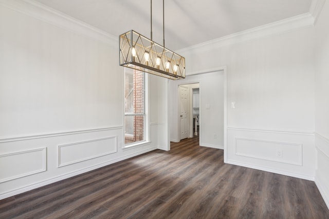 unfurnished dining area with dark wood-type flooring and ornamental molding