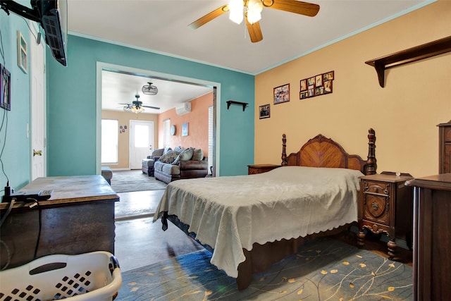 bedroom with ceiling fan, ornamental molding, and an AC wall unit