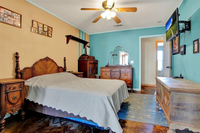 bedroom with crown molding and ceiling fan