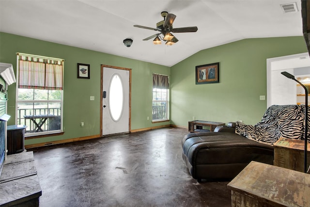 living room with lofted ceiling and ceiling fan