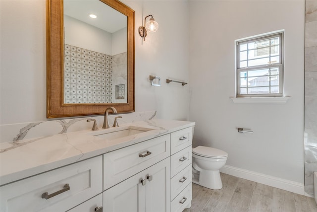 bathroom with vanity, hardwood / wood-style flooring, and toilet