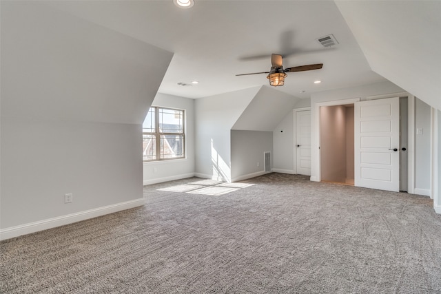 bonus room featuring carpet, ceiling fan, and lofted ceiling