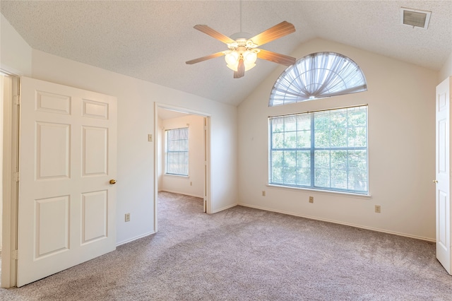 empty room with light carpet, lofted ceiling, and a healthy amount of sunlight