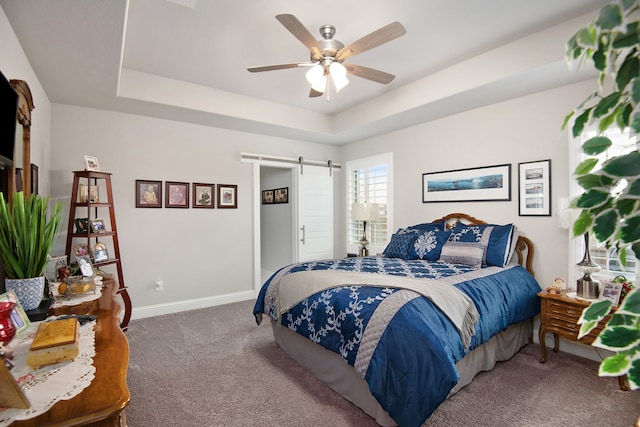 carpeted bedroom with ceiling fan, a tray ceiling, and a barn door