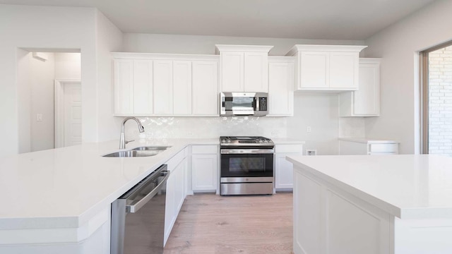 kitchen with appliances with stainless steel finishes, light wood-type flooring, backsplash, sink, and white cabinets