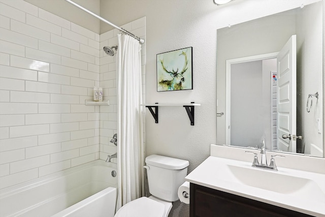 full bathroom with vanity, toilet, and shower / bath combination with curtain