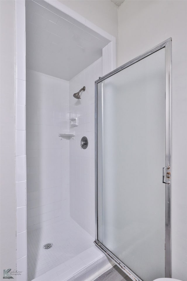 bathroom with a shower with shower door