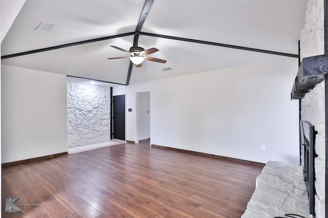 unfurnished living room with a stone fireplace, ceiling fan, wood-type flooring, and vaulted ceiling