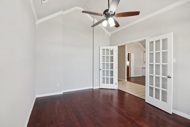 unfurnished room with vaulted ceiling, french doors, hardwood / wood-style floors, and ceiling fan