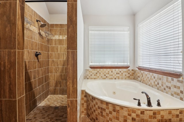 bathroom with separate shower and tub and a healthy amount of sunlight