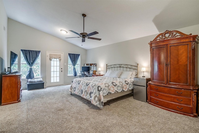 bedroom featuring lofted ceiling, stainless steel refrigerator, ceiling fan, light colored carpet, and access to exterior