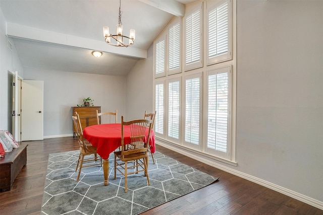 dining room with a notable chandelier, beam ceiling, high vaulted ceiling, and dark hardwood / wood-style floors