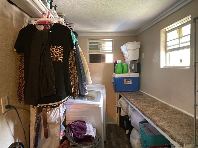 clothes washing area with plenty of natural light, washing machine and dryer, dark hardwood / wood-style floors, and crown molding