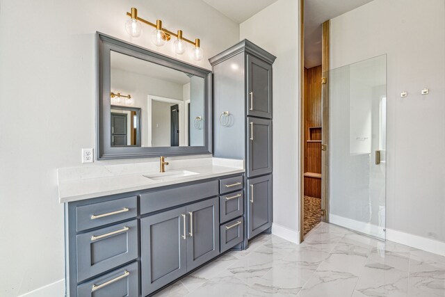 bathroom featuring vanity, tile patterned floors, and an enclosed shower