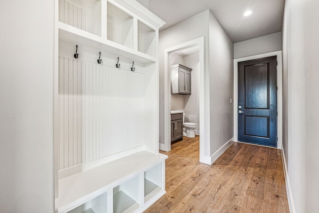 mudroom with wood-type flooring