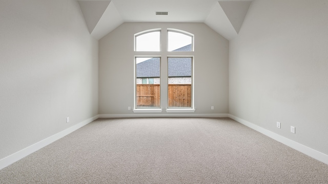 empty room with carpet flooring and lofted ceiling