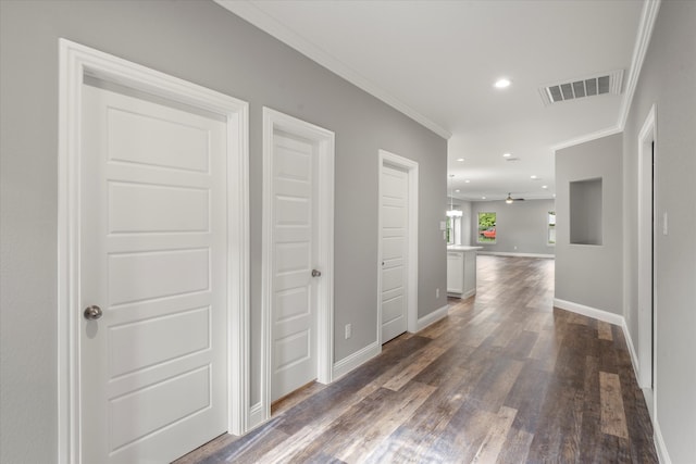 corridor with dark hardwood / wood-style flooring and crown molding