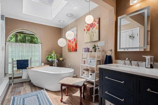 bathroom with wood-type flooring, a skylight, vanity, and a washtub