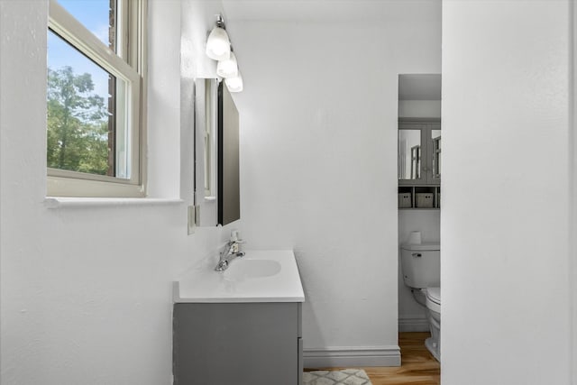 bathroom featuring vanity, hardwood / wood-style flooring, and toilet