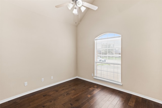 unfurnished room with high vaulted ceiling, ceiling fan, and dark hardwood / wood-style floors