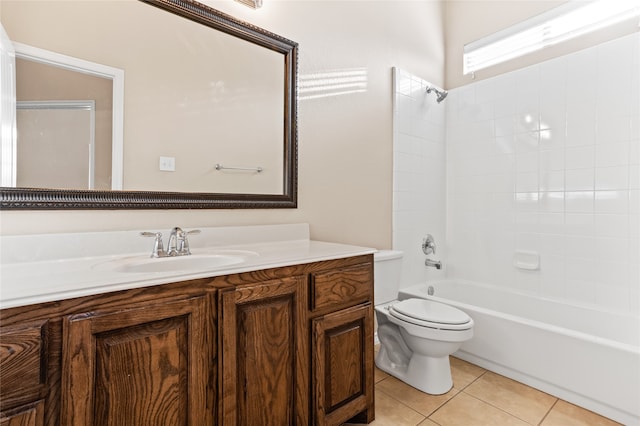 full bathroom with vanity, toilet, shower / bathtub combination, and tile patterned floors