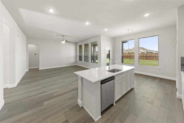 kitchen with stainless steel dishwasher, sink, a kitchen island with sink, and plenty of natural light