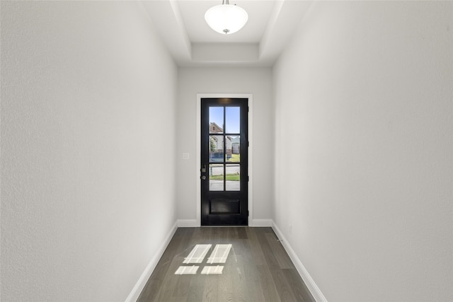 doorway to outside with dark hardwood / wood-style floors and a raised ceiling