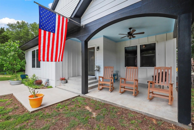 view of patio featuring ceiling fan