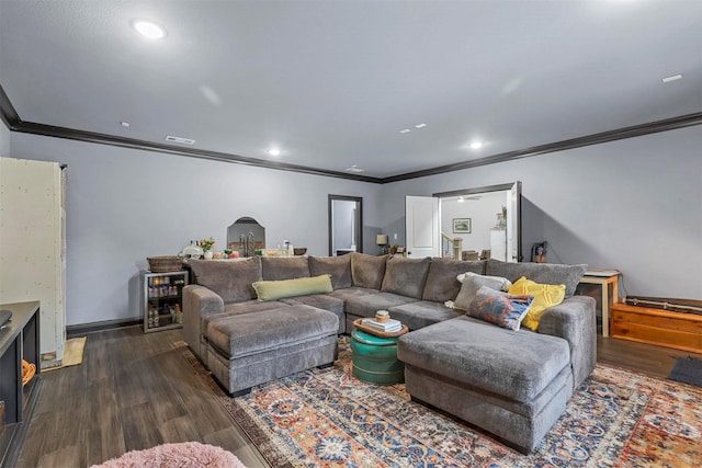 living room featuring wine cooler, ornamental molding, and dark hardwood / wood-style floors