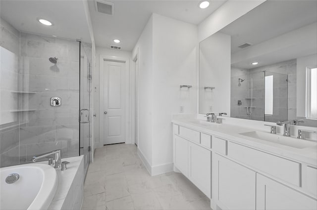 bathroom with vanity and plus walk in shower