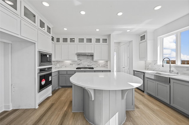 kitchen with gray cabinetry, light hardwood / wood-style floors, decorative backsplash, stainless steel appliances, and sink