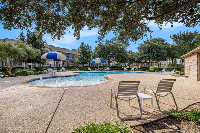 view of pool with a patio and pool water feature