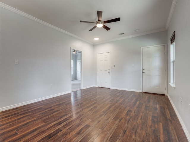 unfurnished bedroom with hardwood / wood-style flooring, crown molding, and ceiling fan