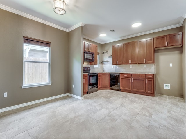 kitchen with decorative backsplash, crown molding, black appliances, light tile patterned floors, and beverage cooler