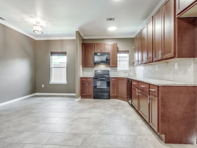 kitchen with decorative backsplash, light stone countertops, sink, black appliances, and light tile patterned flooring