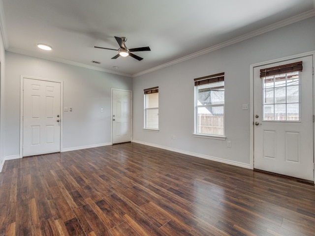 unfurnished living room with ceiling fan, ornamental molding, and wood-type flooring